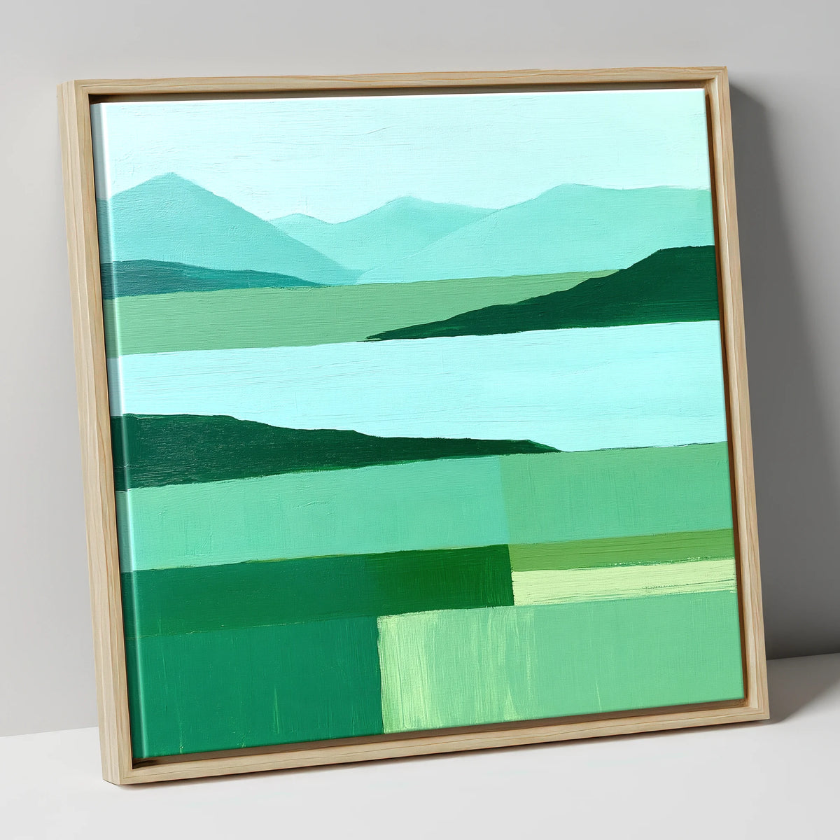 Coniston Water in Abstract Green lake district village canvas wall art in natural frame