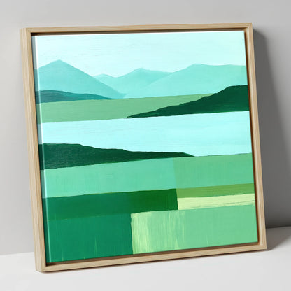 Coniston Water in Abstract Green lake district village canvas wall art in natural frame