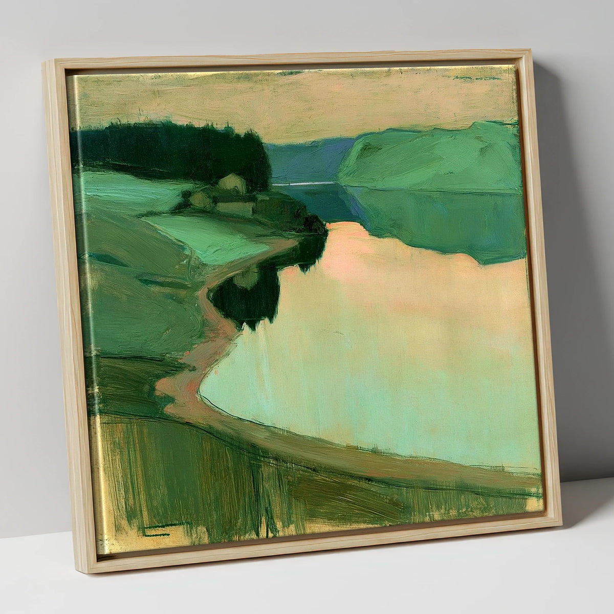 Still Lake at Peach Dawn lake district lake canvas wall art in natural frame