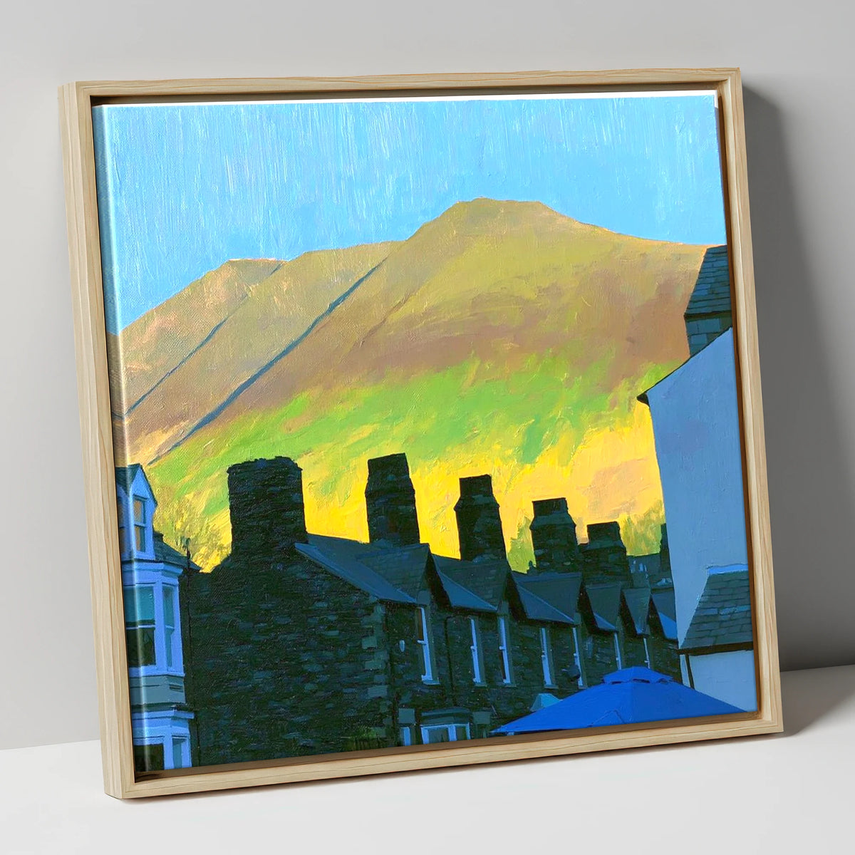 Keswick Chimneys and Sunlit Skiddaw lake district village canvas wall art in natural frame