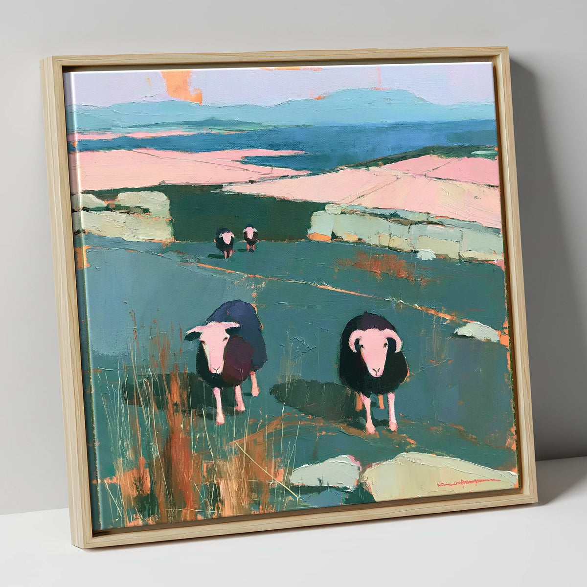Herdwick Sheep on a Teal Fellside lake district wildlife canvas wall art in natural frame