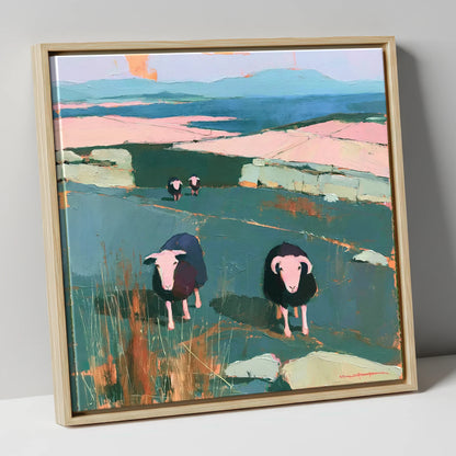 Herdwick Sheep on a Teal Fellside lake district wildlife canvas wall art in natural frame