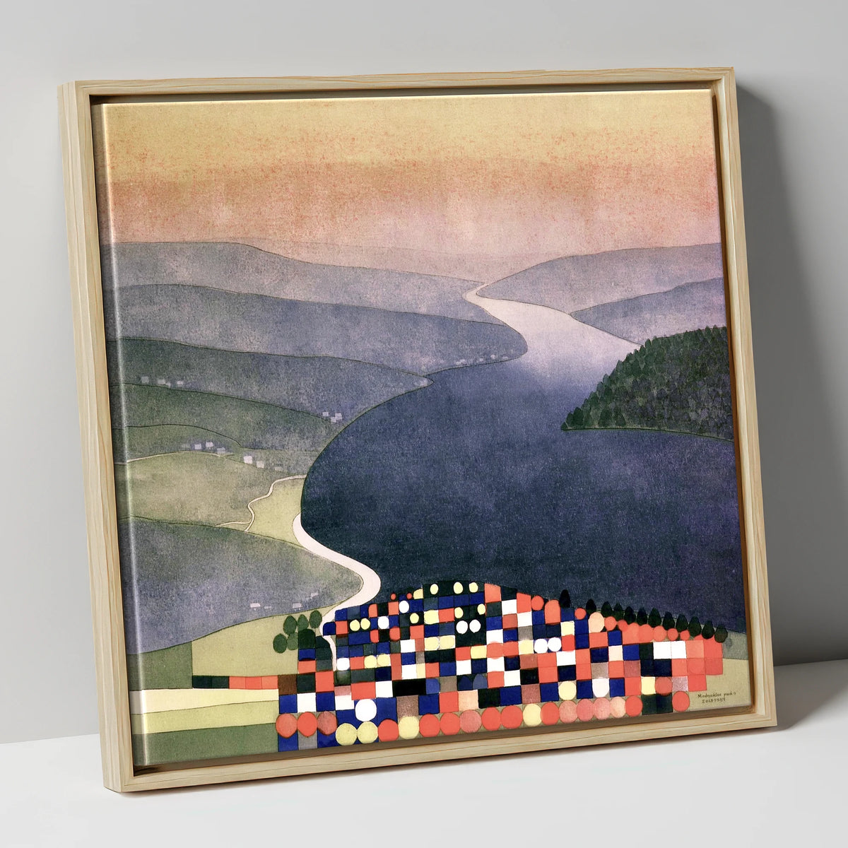 Geometric Ambleside and Indigo Waters lake district village canvas wall art in natural frame