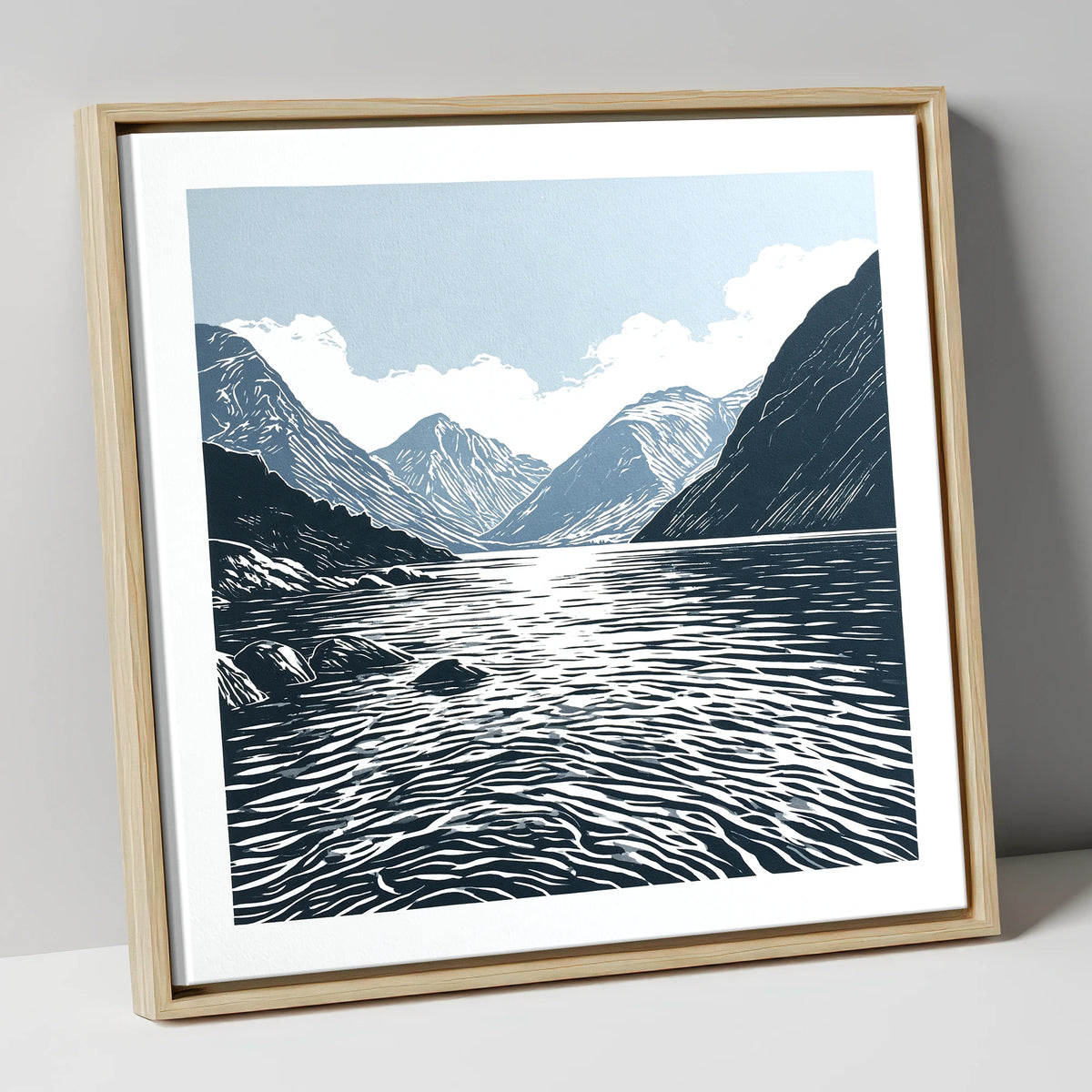 Graphic Navy Wastwater Screes lake district lake canvas wall art in natural frame