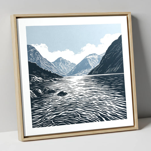 Graphic Navy Wastwater Screes lake district lake canvas wall art in natural frame