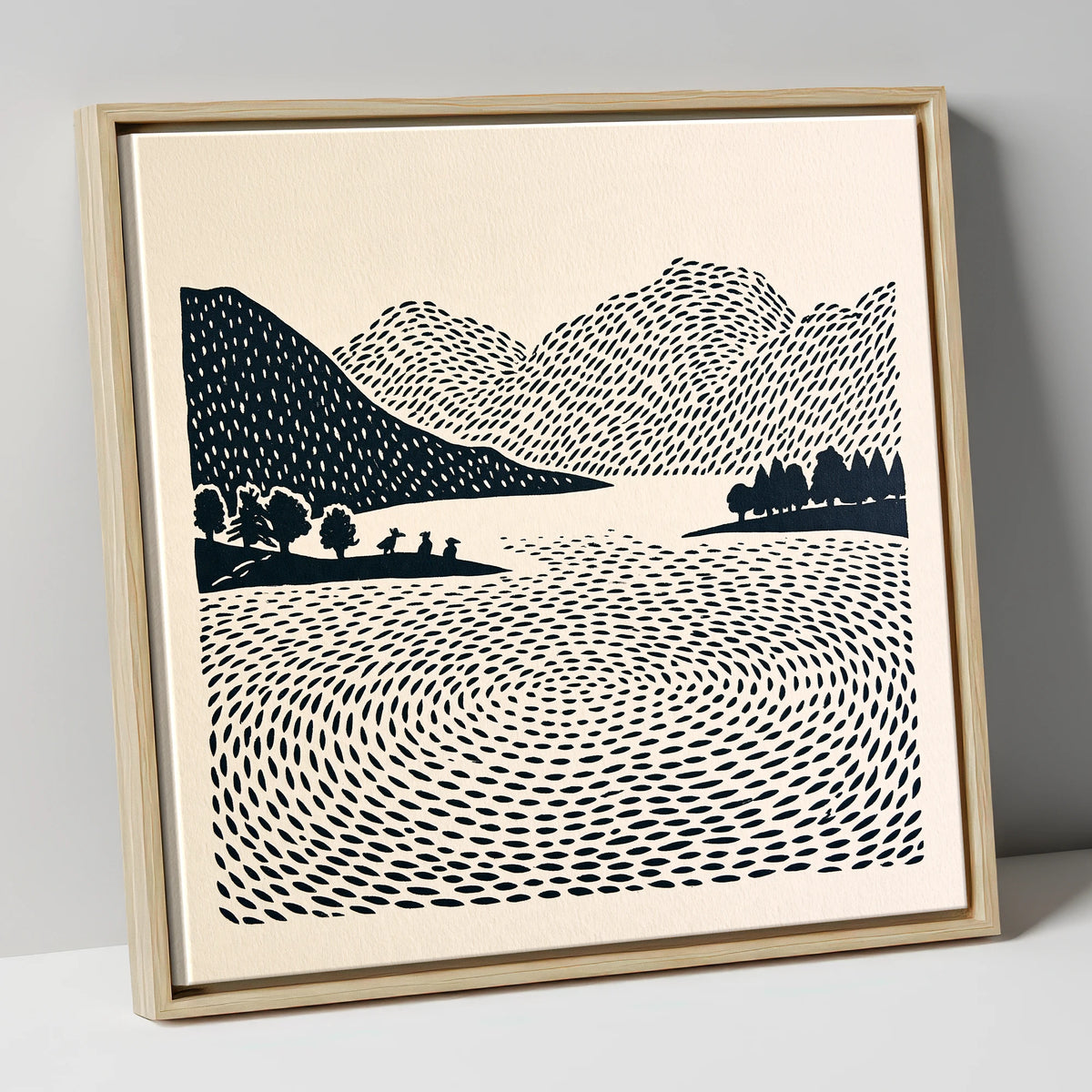 Graphic Grasmere Lake and Fells lake district lake canvas wall art in natural frame