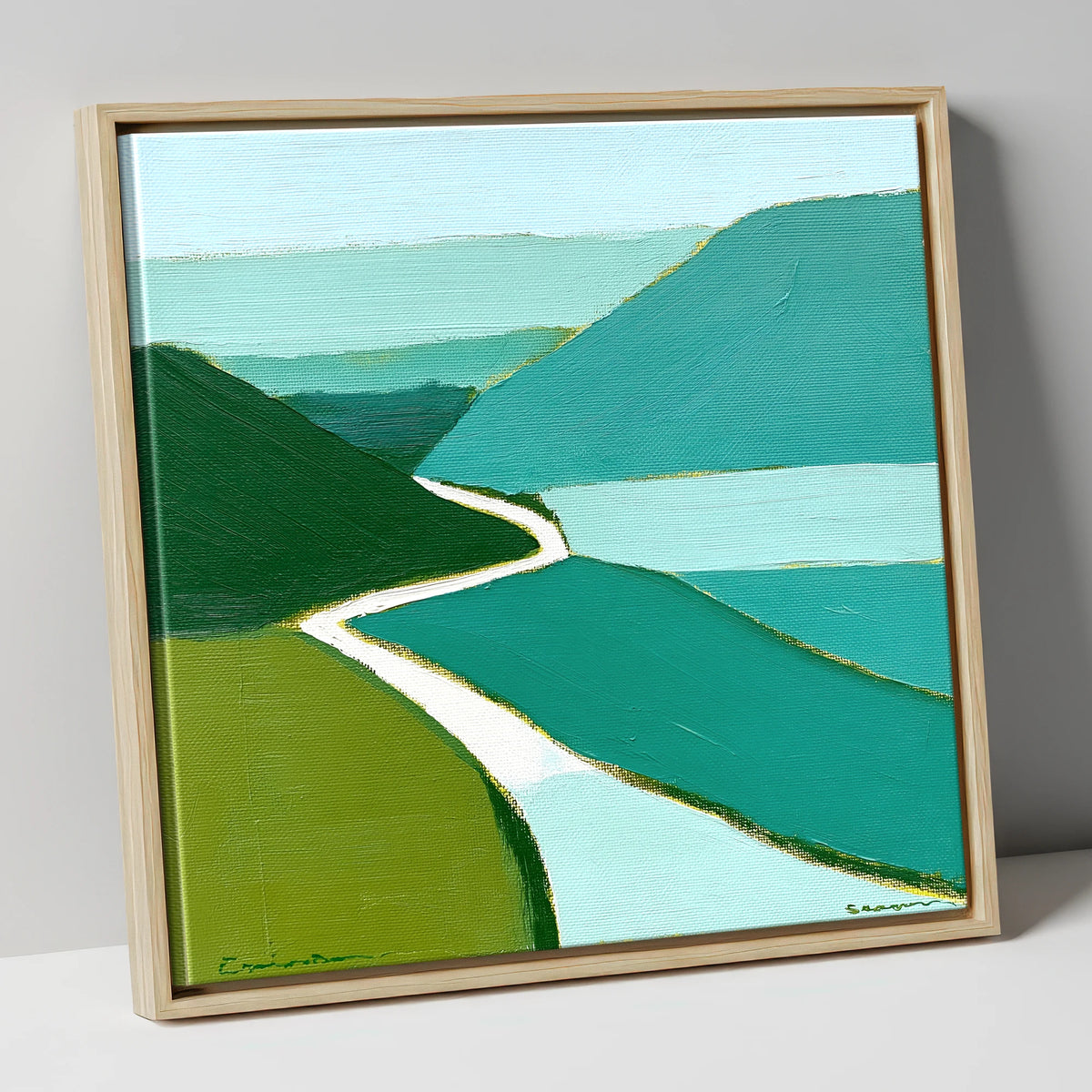 Winding Mountain Pass in Teal lake district valley canvas wall art in natural frame