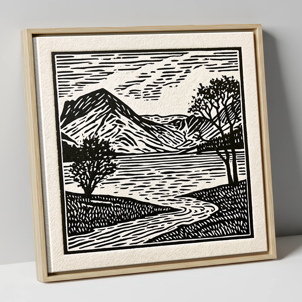 Graphic Monochrome Buttermere Fells lake district lake canvas wall art in natural frame