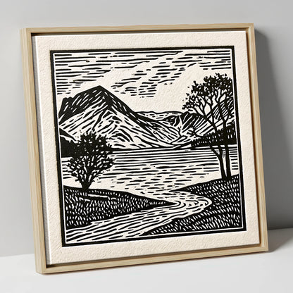 Graphic Monochrome Buttermere Fells lake district lake canvas wall art in natural frame