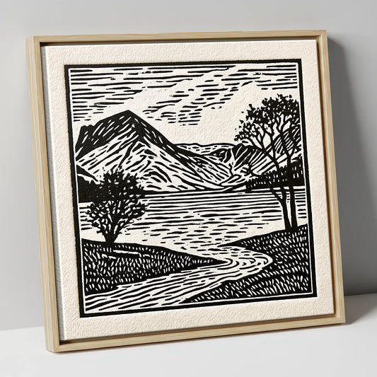 Graphic Monochrome Buttermere Fells lake district lake canvas wall art in natural frame