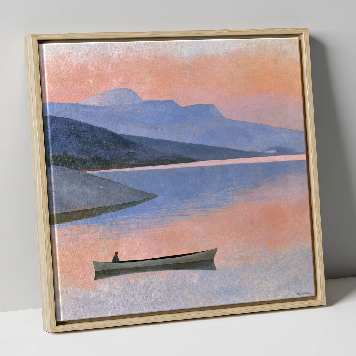 Twilight Lake with Lone Boat lake district lake canvas wall art in natural frame
