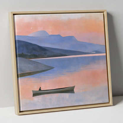 Twilight Lake with Lone Boat lake district lake canvas wall art in natural frame