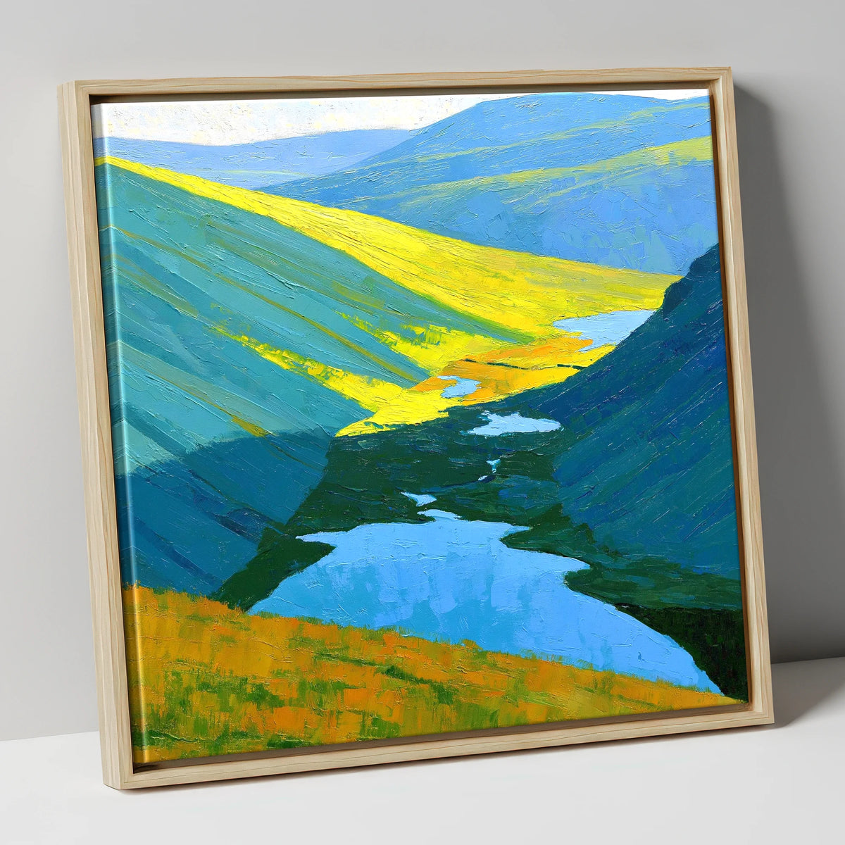 Sunlit Fells over Deep Blue Tarns lake district fell canvas wall art in natural frame