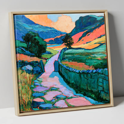 Vibrant Valley Path and Drystone Wall lake district valley canvas wall art in natural frame