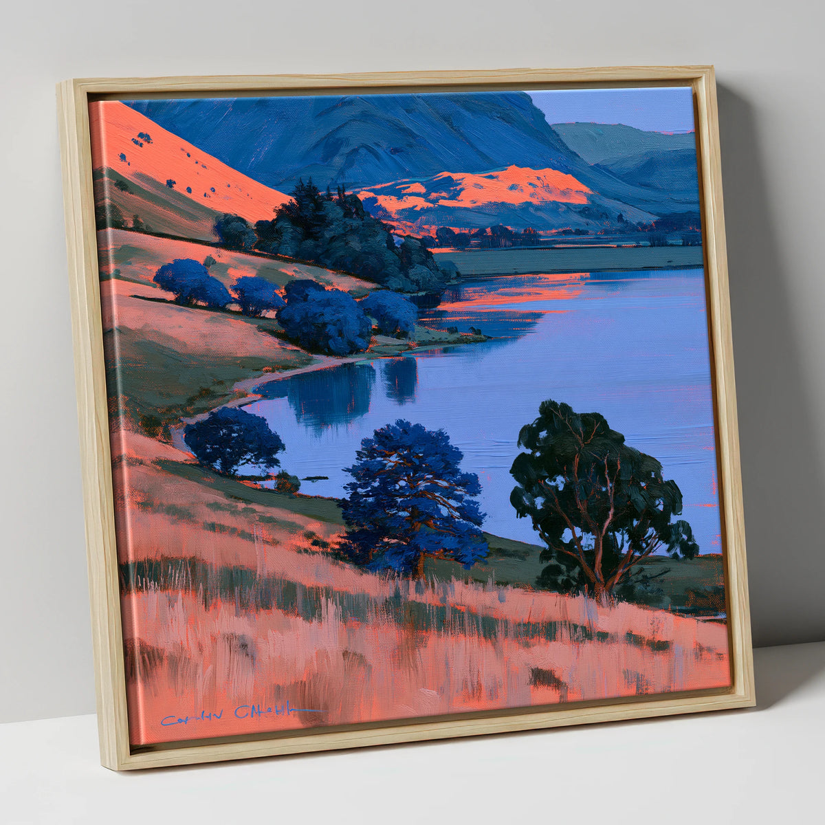 Coral Fells and Blue Lake lake district lake canvas wall art in natural frame
