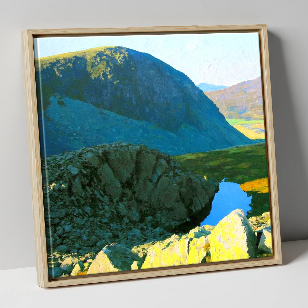 High Crag and Sunlit Tarn lake district fell canvas wall art in natural frame