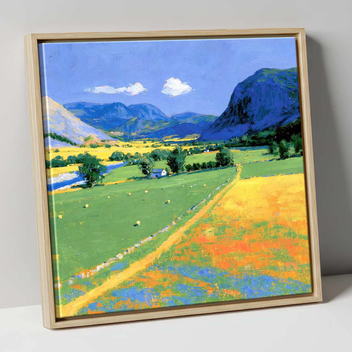 Vibrant Valley beneath Blue Fells lake district valley canvas wall art in natural frame