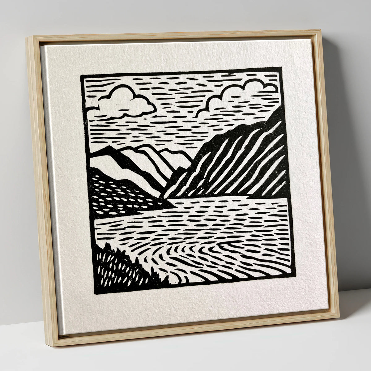 Graphic Monochrome Lake and Fells lake district lake canvas wall art in natural frame