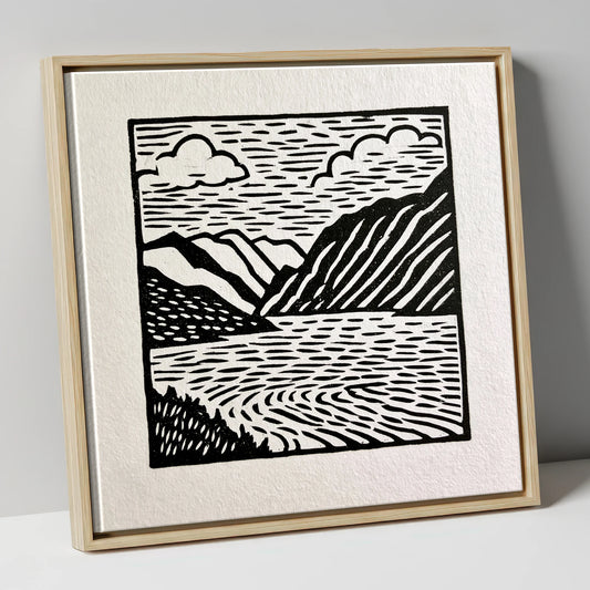 Graphic Monochrome Lake and Fells lake district lake canvas wall art in natural frame