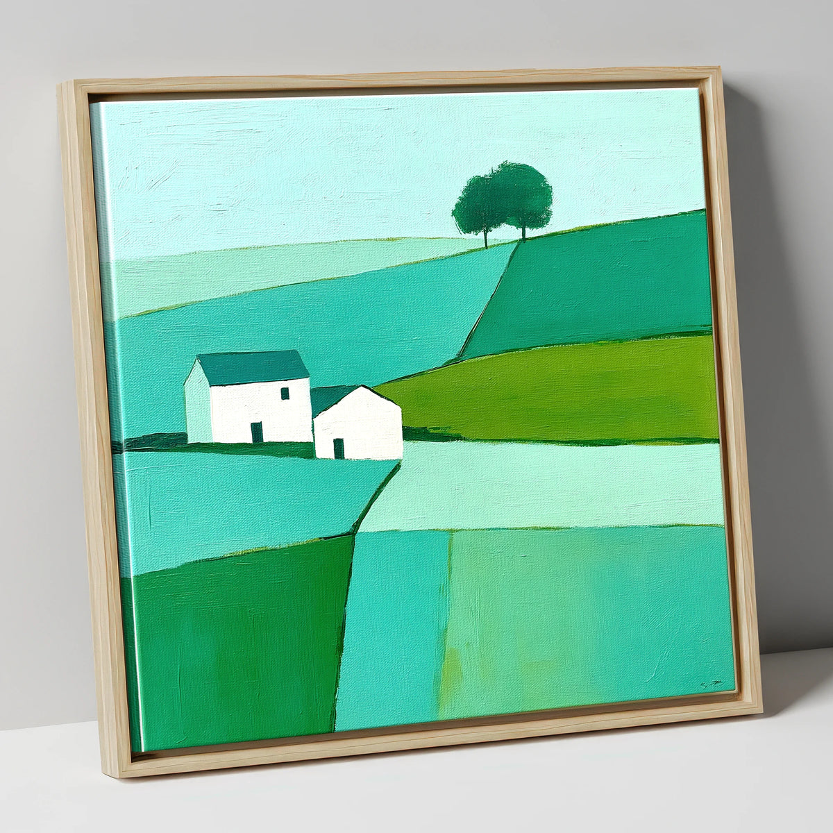 Near Sawrey Cottages In Bold Teal lake district village canvas wall art in natural frame