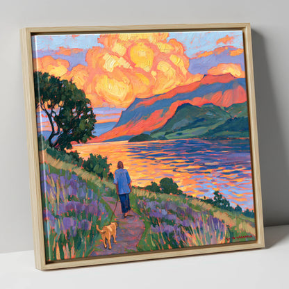 Vibrant Ullswater Evening Dog Walk gifts for dog walkers canvas wall art in natural frame