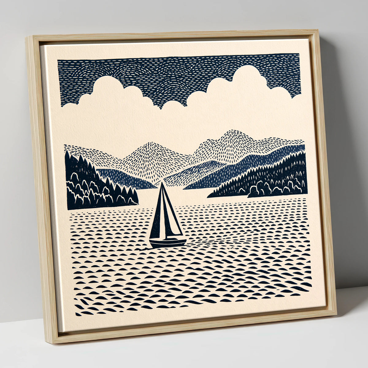 Windermere Sailboat in Deep Navy lake district lake canvas wall art in natural frame