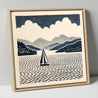 Windermere Sailboat in Deep Navy lake district lake canvas wall art in natural frame