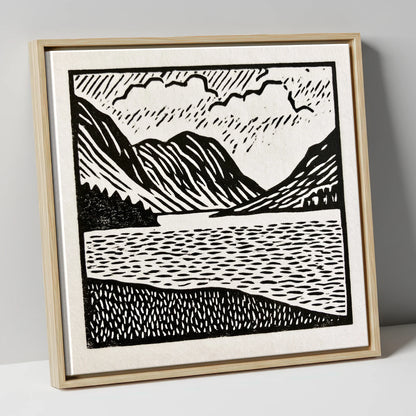 Monochrome Crummock Water Landscape lake district lake canvas wall art in natural frame