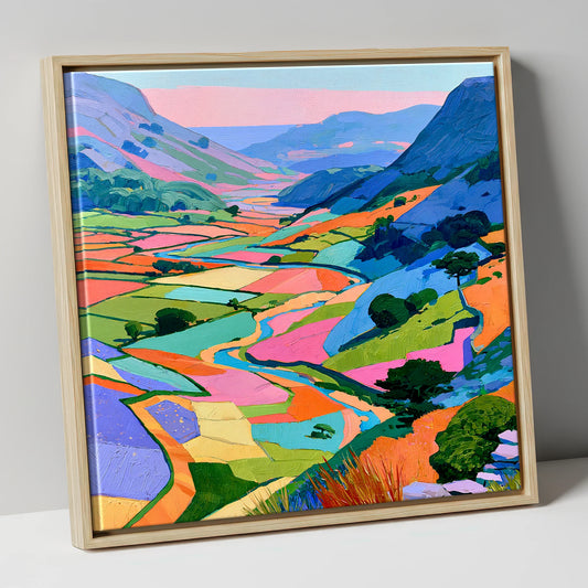 Vibrant Patchwork Fields and Fells lake district valley canvas wall art in natural frame