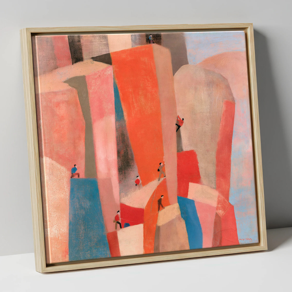 Geometric Climbers on a Crag lake district walking canvas wall art in natural frame