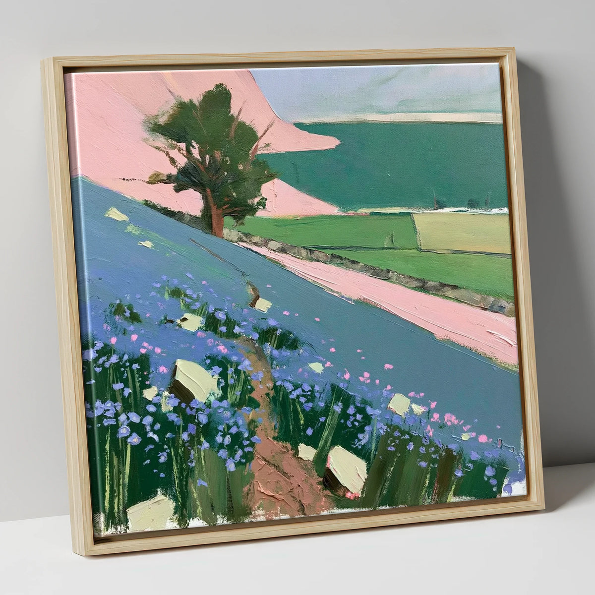 Vibrant Rannerdale Bluebells Crummock Water lake district lake canvas wall art in natural frame
