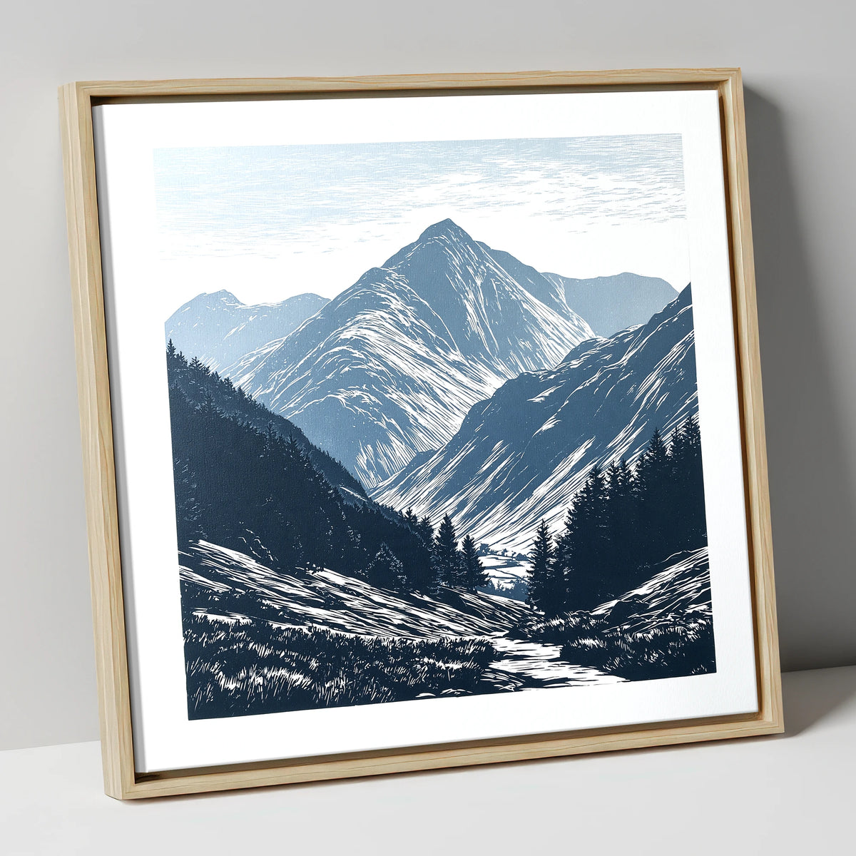 Bowfell Peak in Slate Blue lake district fell canvas wall art in natural frame