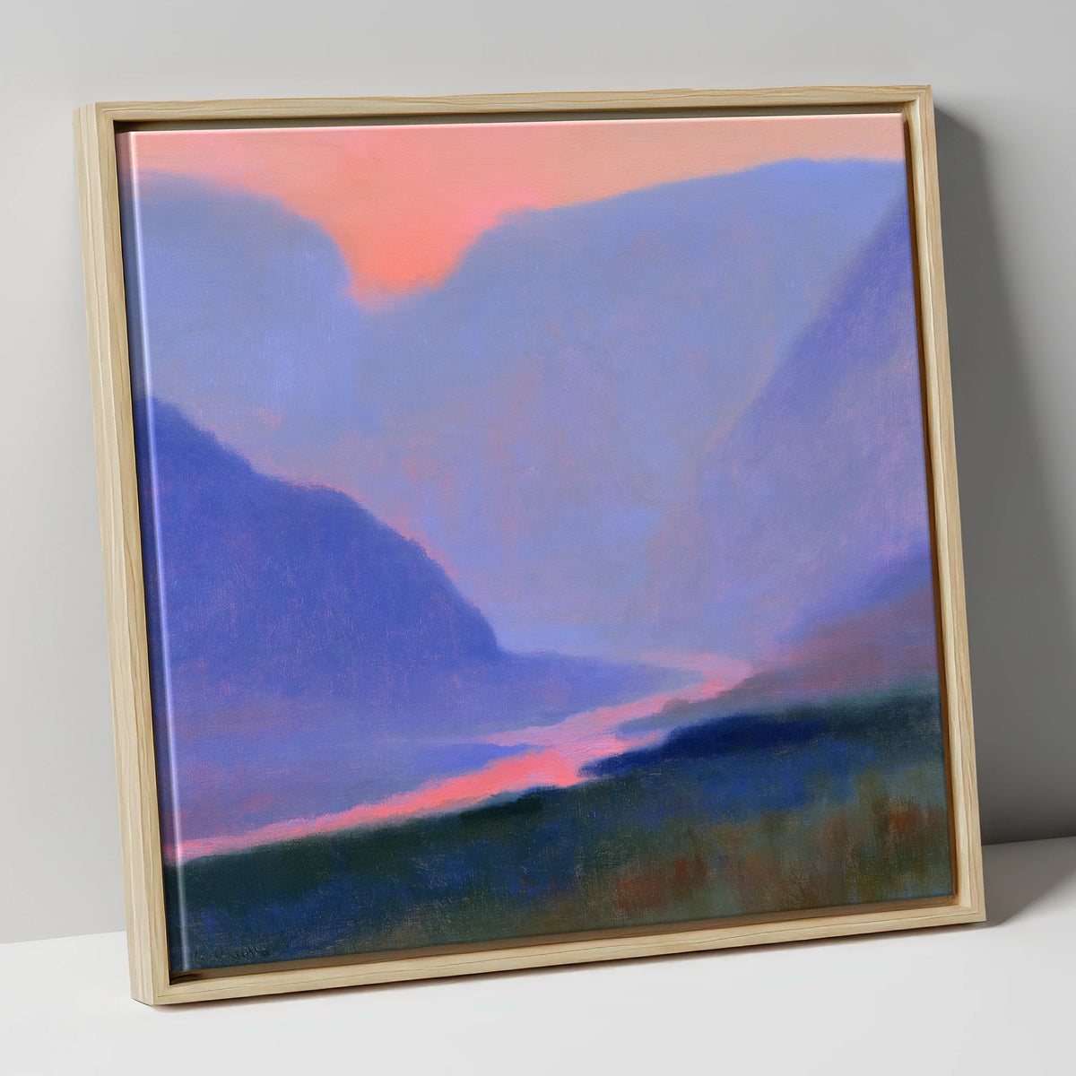 Twilight River Through Indigo Fells lake district waterfall canvas wall art in natural frame