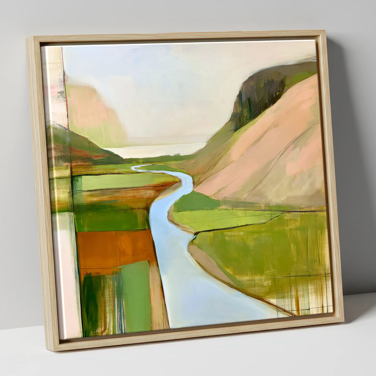 Azure Winding River Valley lake district waterfall canvas wall art in natural frame