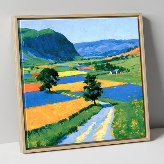Bright Dale Patchwork Fields lake district valley canvas wall art in natural frame