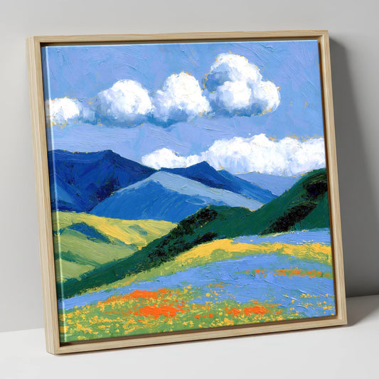 Rolling Blue Fells and Wildflowers lake district fell canvas wall art in natural frame