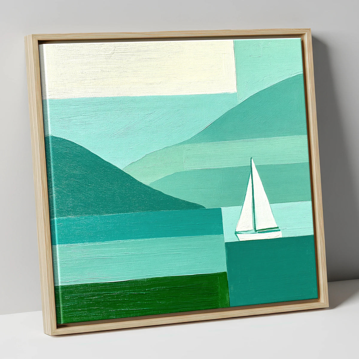 Geometric Lake District Sailboat lake district walking canvas wall art in natural frame