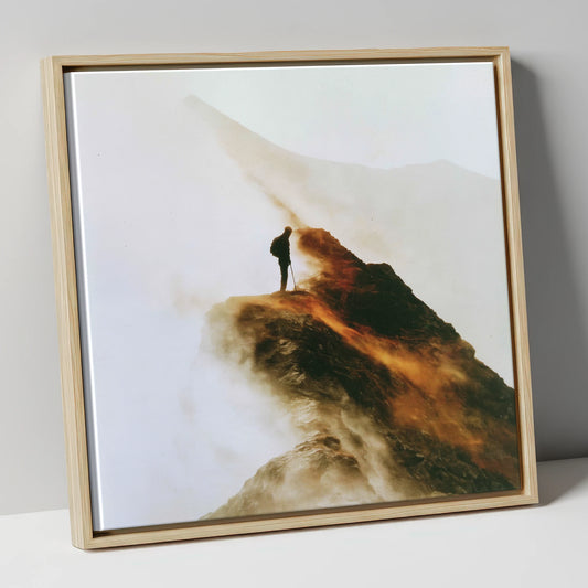 Striding Edge Walker in Mist lake district walking canvas wall art in natural frame