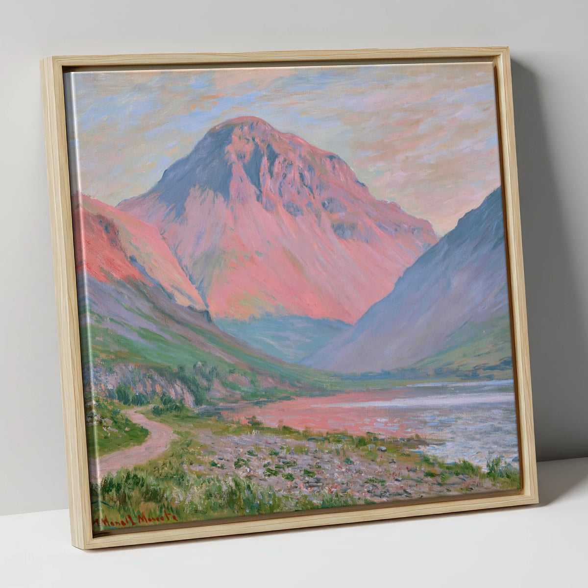 Pink Light Over Great Gable lake district fell canvas wall art in natural frame