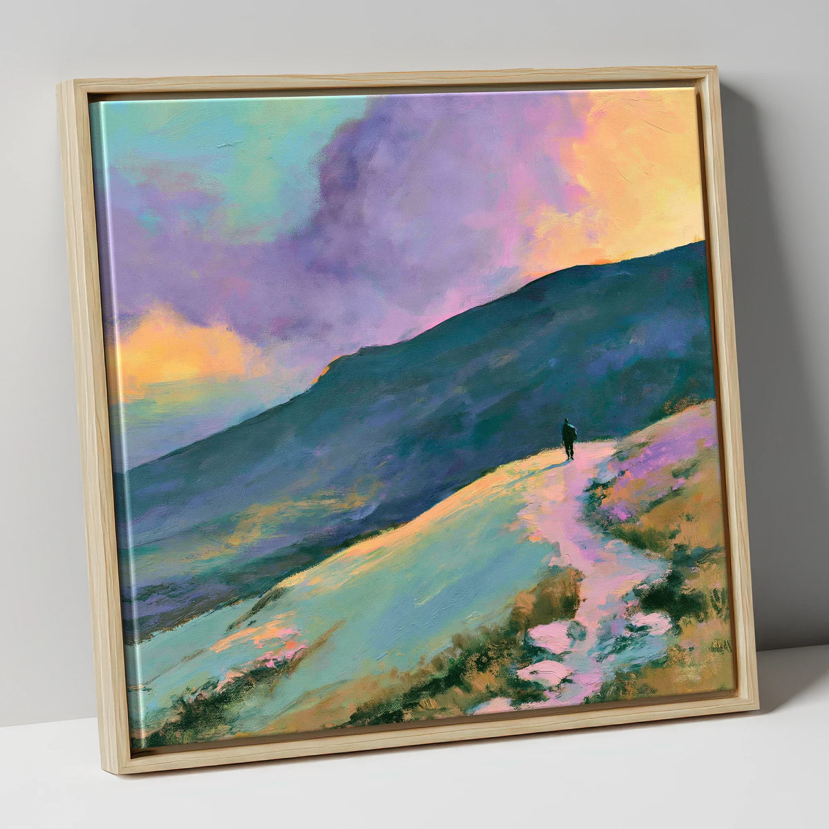 Lone Hiker Under Pastel Skies lake district walking canvas wall art in natural frame