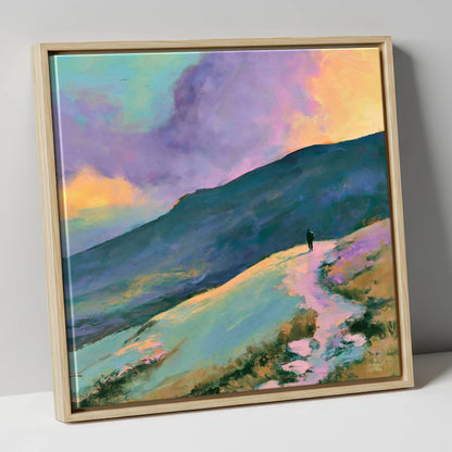 Lone Hiker Under Pastel Skies lake district walking canvas wall art in natural frame
