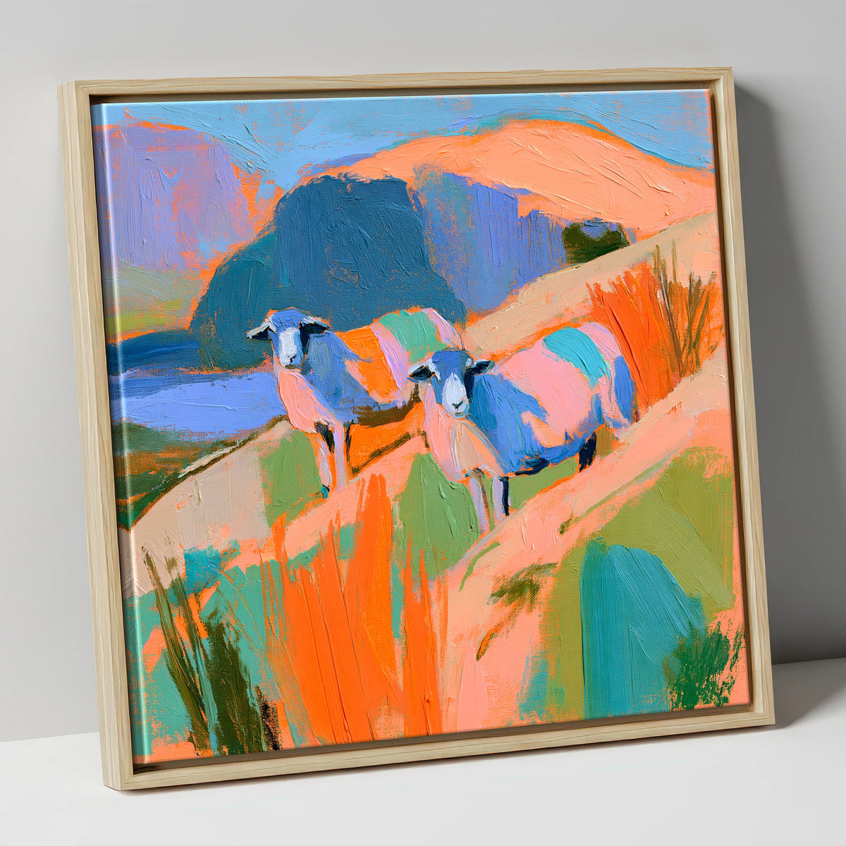 Colourful Herdwick Sheep on Fellside lake district wildlife canvas wall art in natural frame