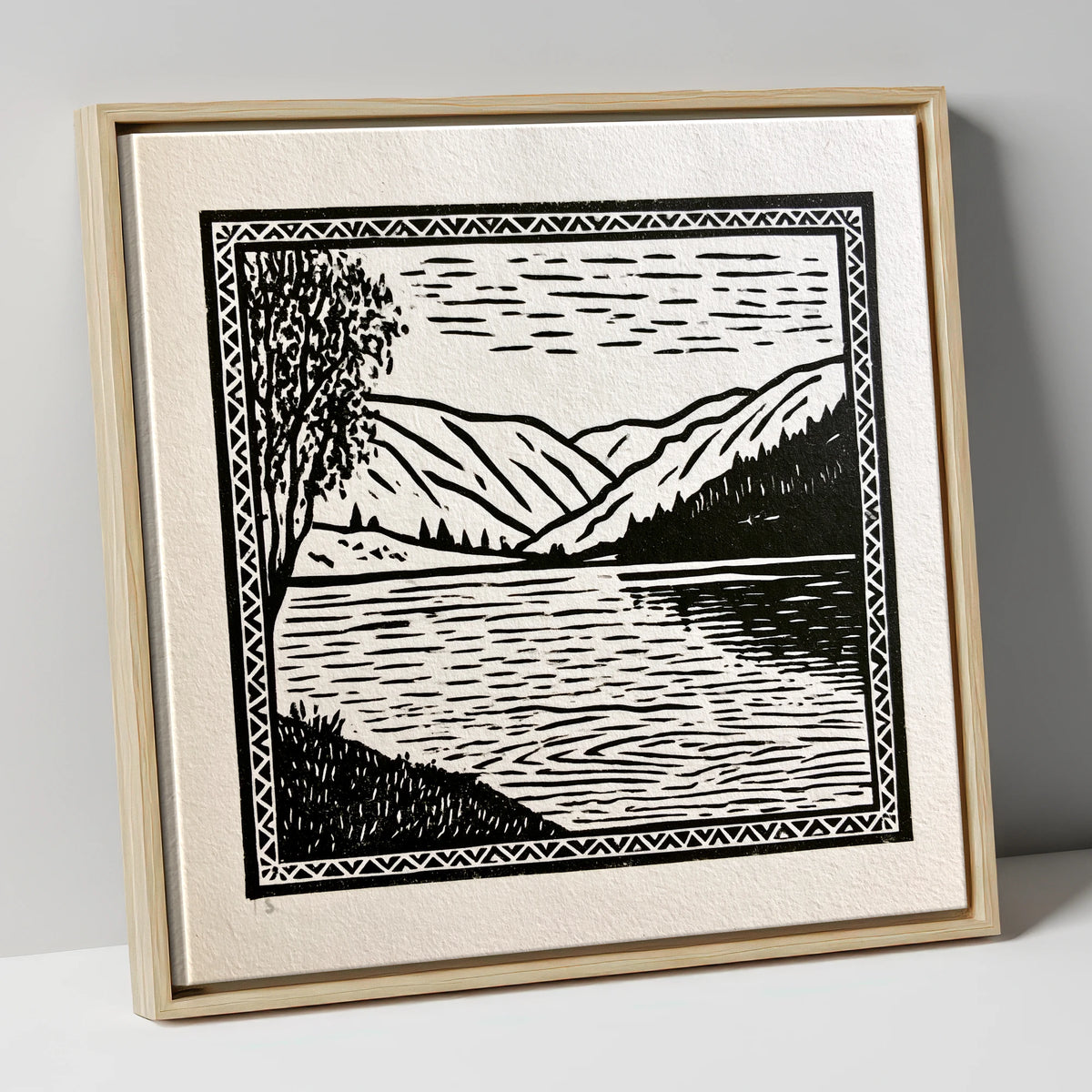 Monochrome Lake at Dawn lake district lake canvas wall art in natural frame