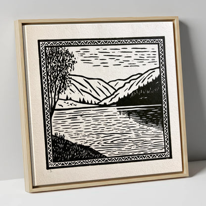 Monochrome Lake at Dawn lake district lake canvas wall art in natural frame