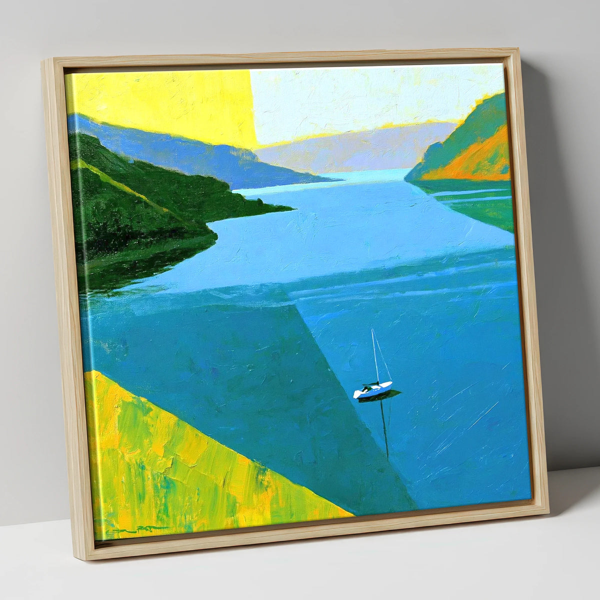 Ullswater Sailboat in Vibrant Blue lake district lake canvas wall art in natural frame