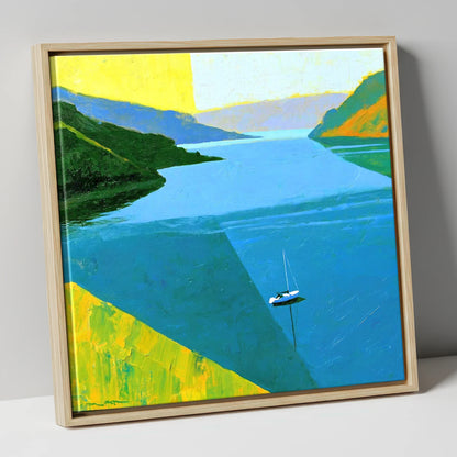 Ullswater Sailboat in Vibrant Blue lake district lake canvas wall art in natural frame