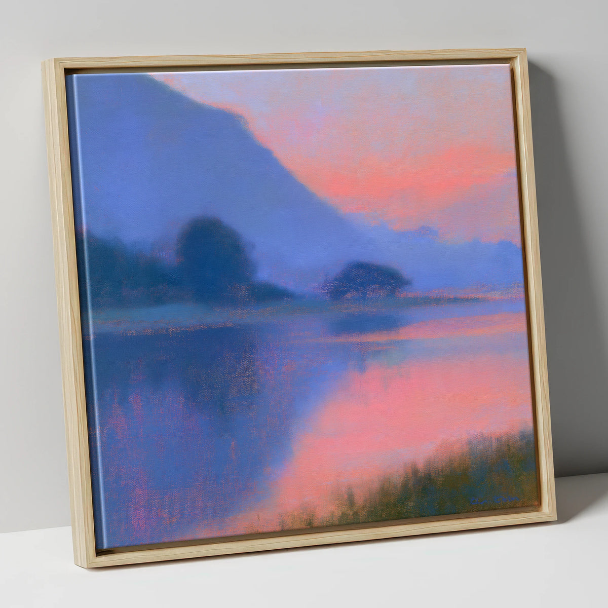 Lake Reflections in Pink Twilight lake district lake canvas wall art in natural frame