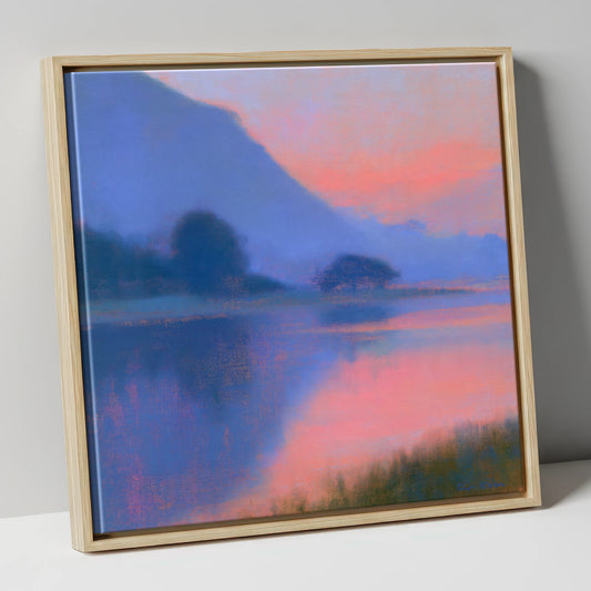 Lake Reflections in Pink Twilight lake district lake canvas wall art in natural frame