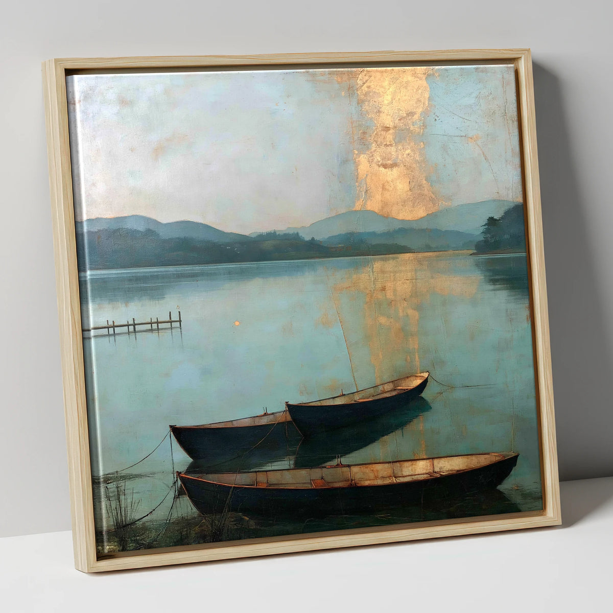 Golden Light over Windermere Boats lake district lake canvas wall art in natural frame