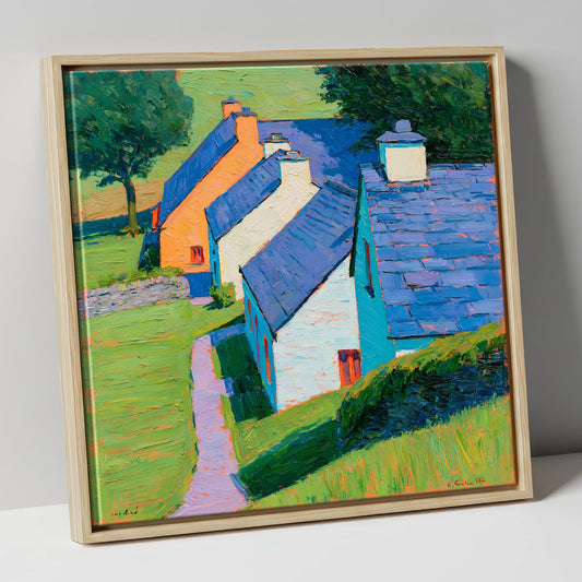 Vibrant Slate-Roofed Lakeland Cottages lake district village canvas wall art in natural frame